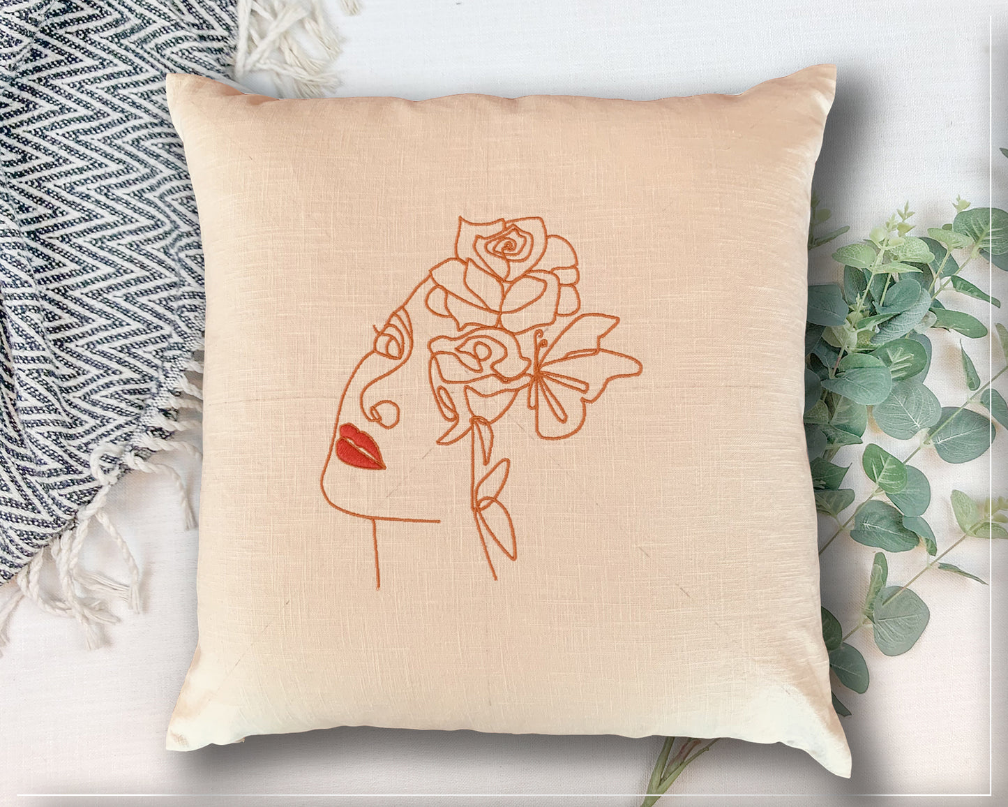 Handmade 100% Linen Cushion Cover-Cream| Embroidery Minimalist Face Line