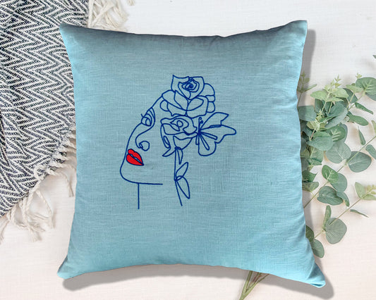 Handmade 100% Linen Cushion Cover - powder blue | Embroidery Minimalist Face Line